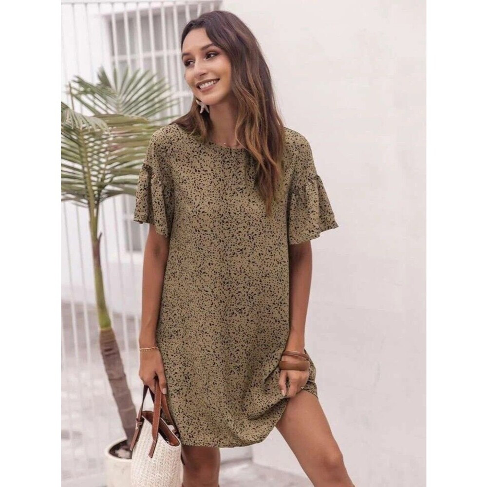 SHEIN Womens Size Medium Dalmation Print Dress With Ruffled Cuffs Tan & Black